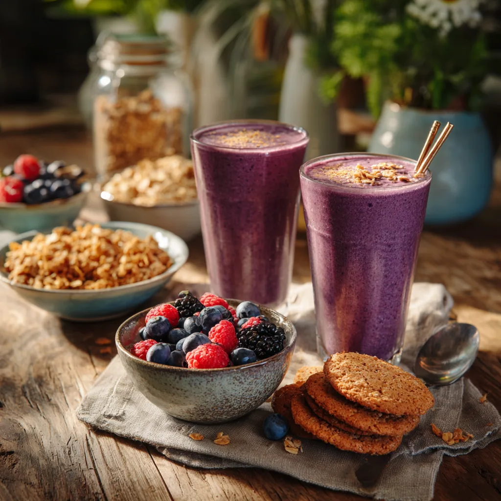 Heidelbeer-Bananen-Smoothie serviert mit gesunden Beilagen zum Frühstück