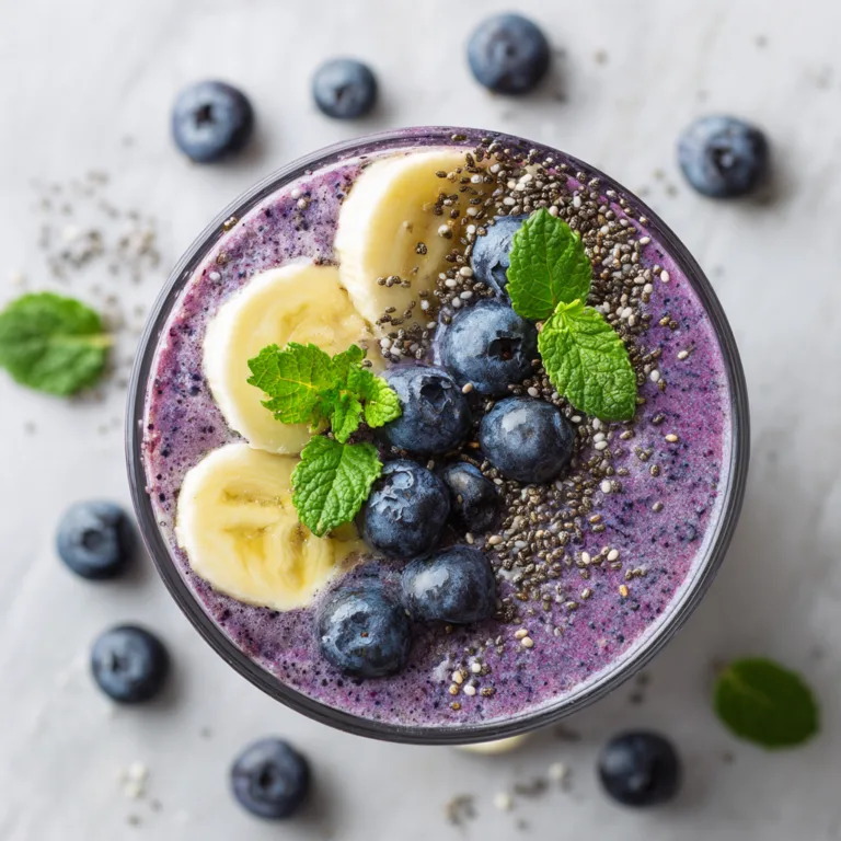 Heidelbeer-Bananen-Smoothie in einem Glas von oben mit frischen Beeren garniert