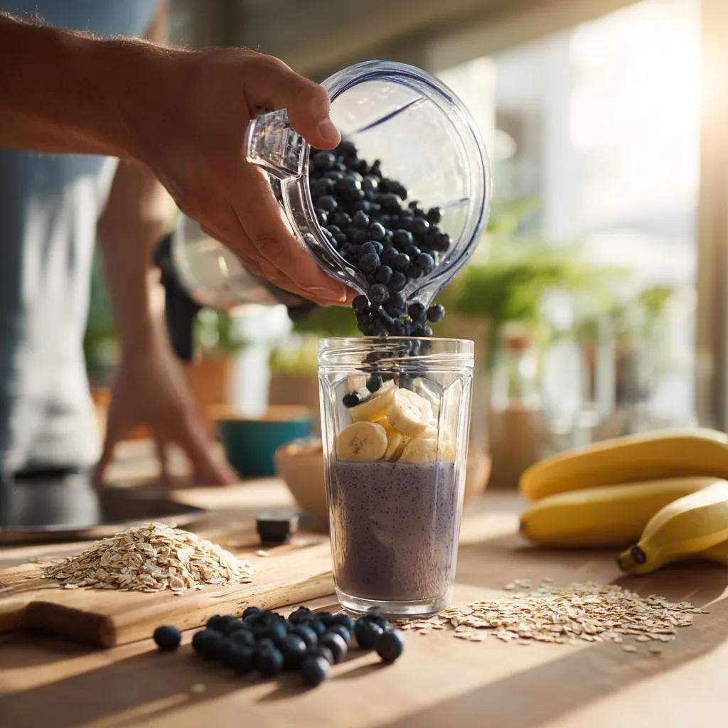 Zubereitung eines Heidelbeer-Bananen-Smoothies im Mixer mit frischen Zutaten