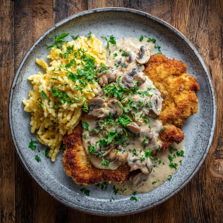 Jägerschnitzel mit Jägersoße von oben auf rustikalem Teller mit Spätzle