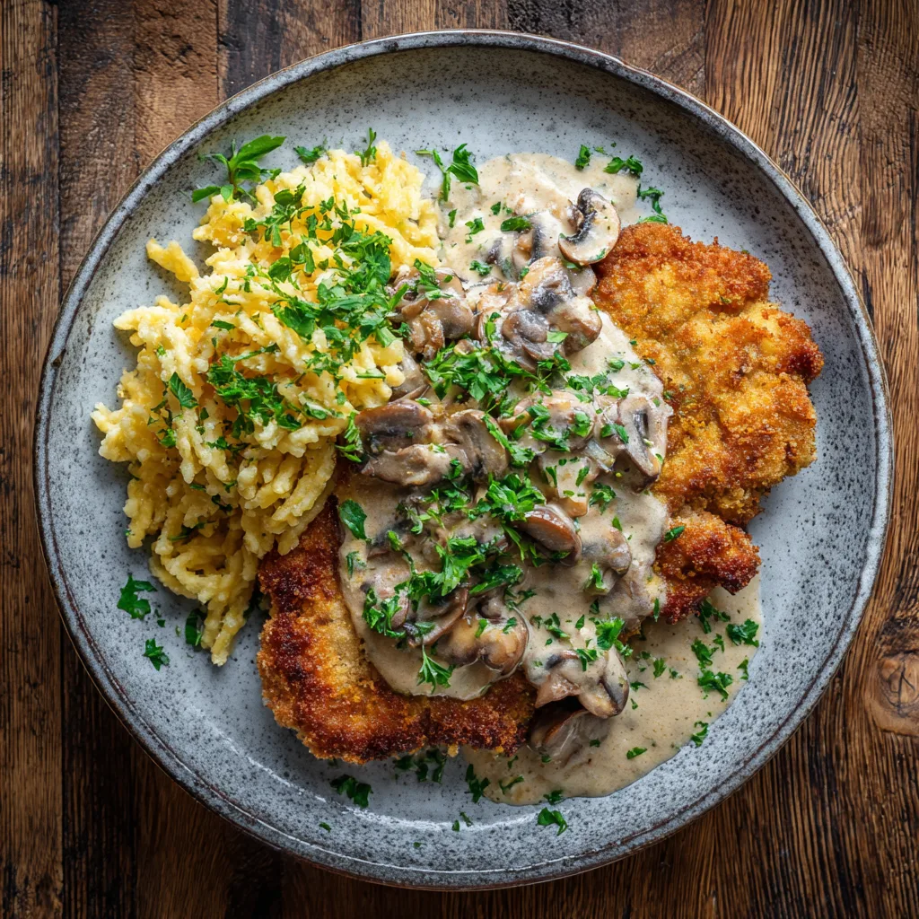 Jägerschnitzel mit Jägersoße von oben auf rustikalem Teller mit Spätzle