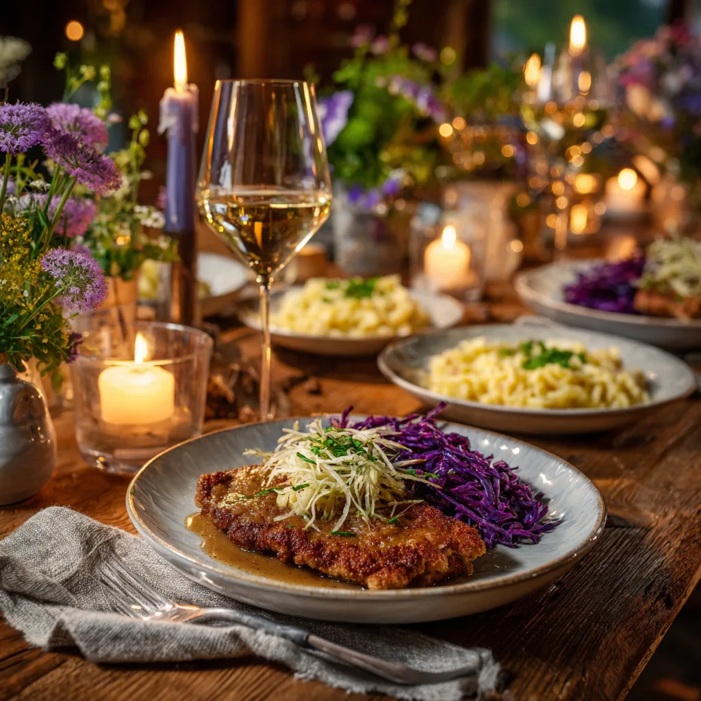 Jägerschnitzel mit Jägersoße auf gedecktem Tisch mit Spätzle und Rotkohl