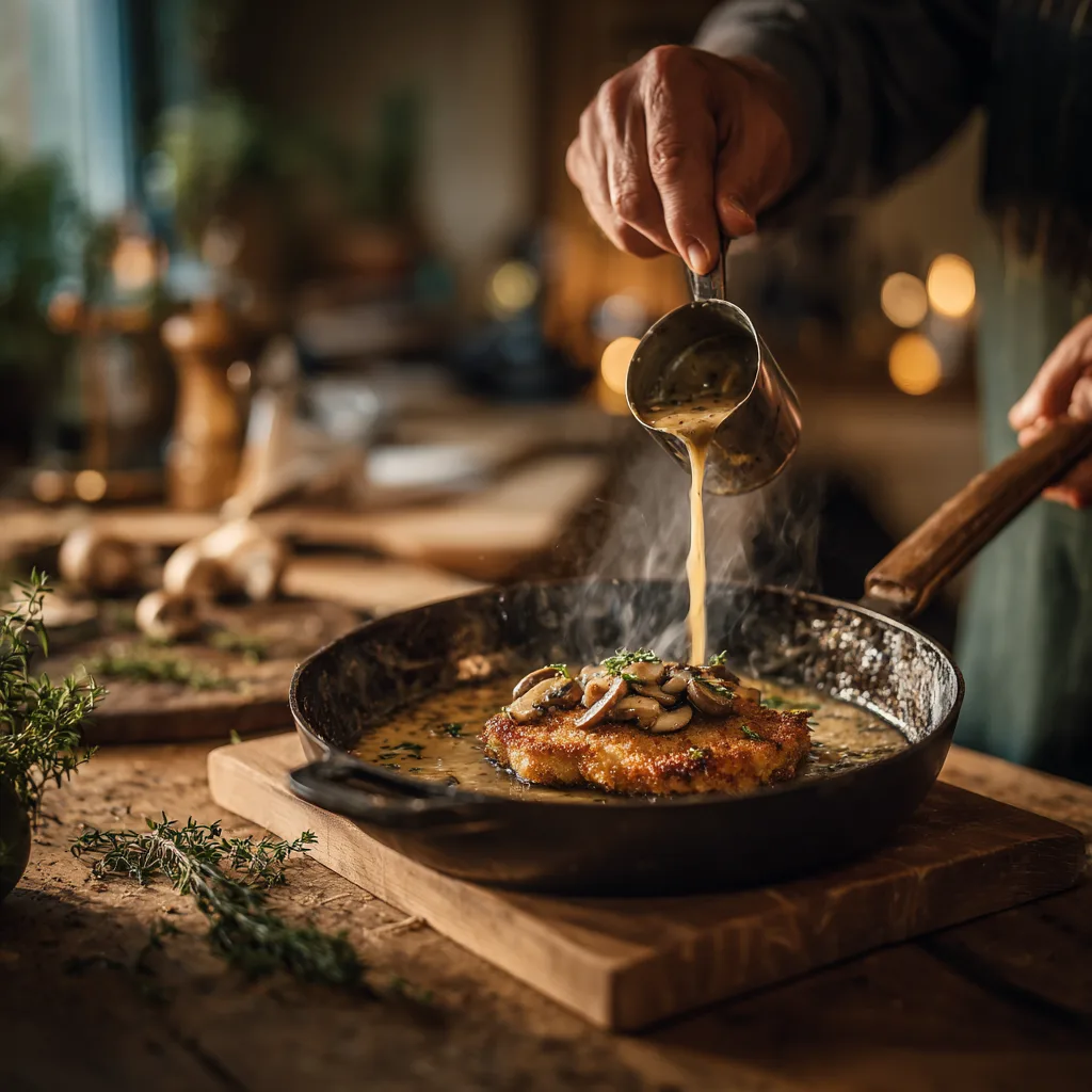 Jägersoße wird frisch in der Küche über Jägerschnitzel gegossen