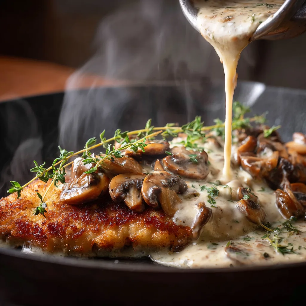 Nahaufnahme der cremigen Jägersoße mit gebratenen Champignons auf Schnitzel
