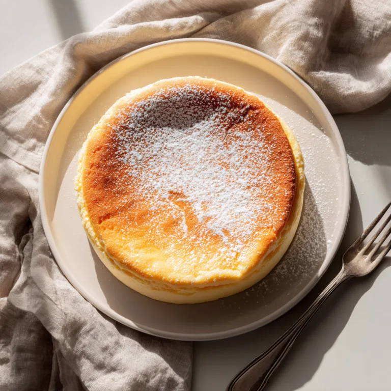 Japanese Cheesecake mit goldbrauner Oberfläche und Puderzucker von oben fotografiert