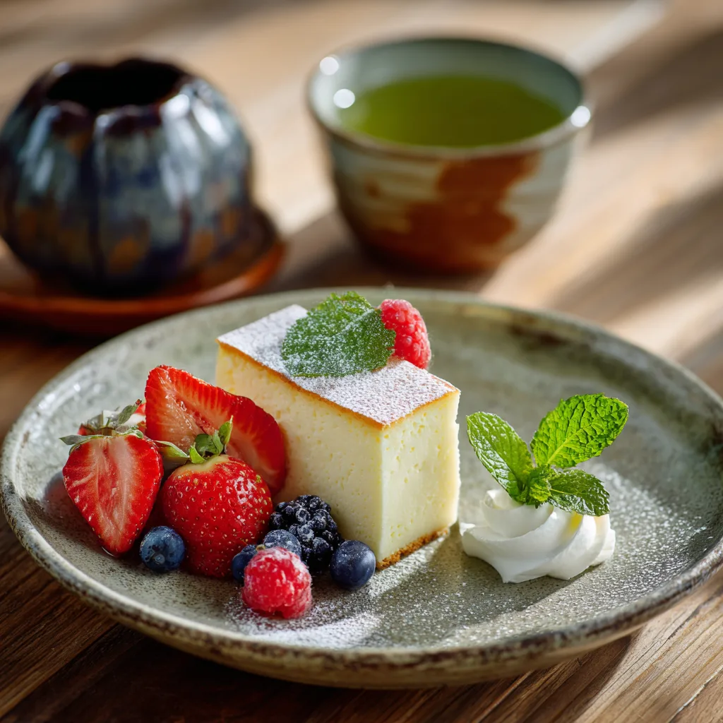 Japanese Cheesecake Stück serviert mit frischen Beeren und Schlagsahne