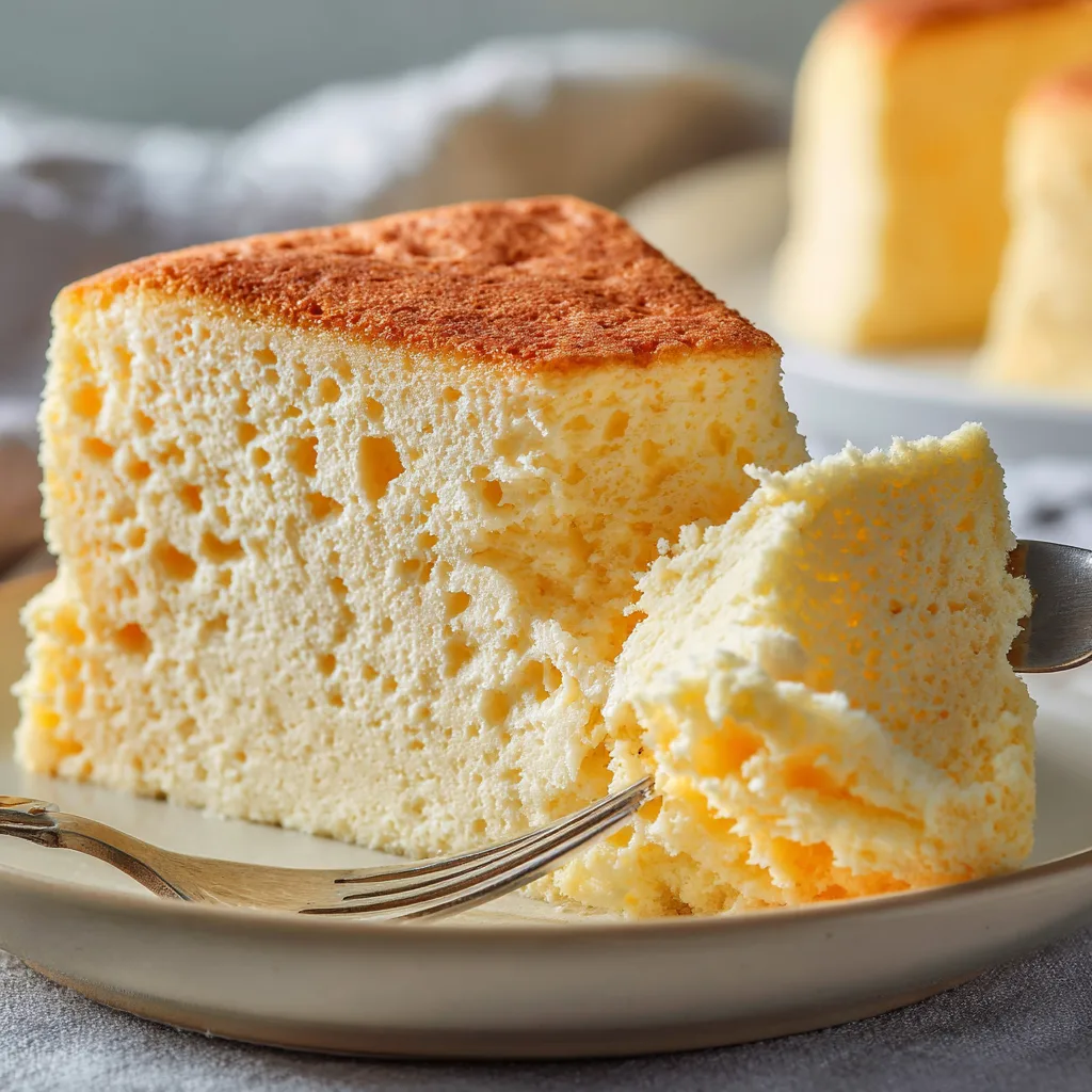 Japanese Cheesecake Textur Nahaufnahme zeigt luftige wolkenartige Struktur