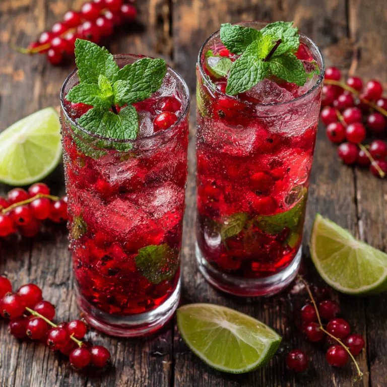 Johannisbeer-Mojito von oben mit frischen roten Johannisbeeren, Minze und Crushed Ice