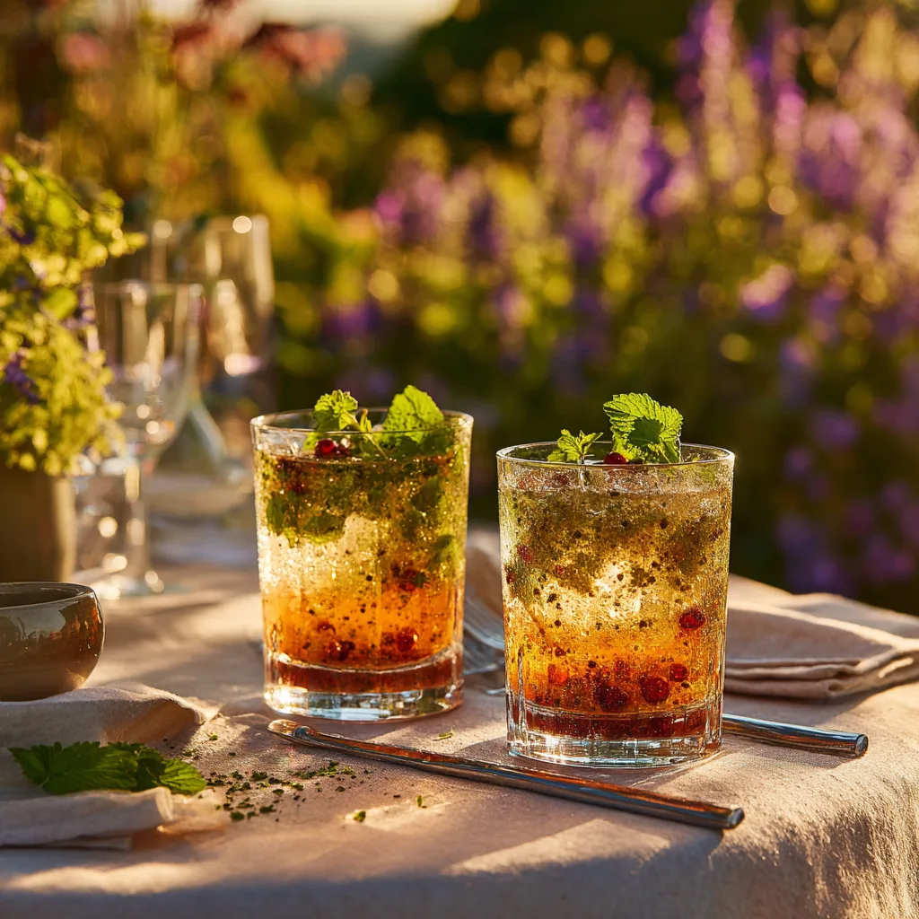 Johannisbeer-Mojito servierfertig auf sommerlich gedecktem Tisch im Garten