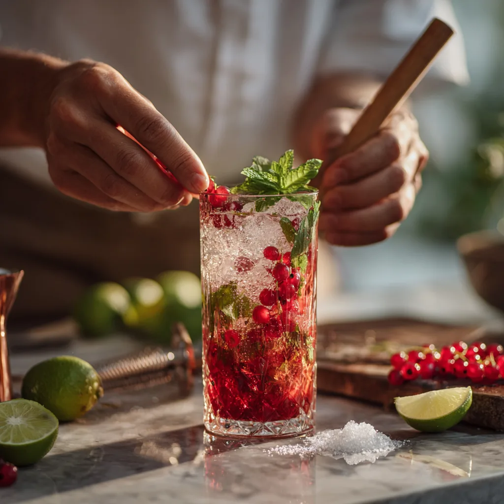 Johannisbeer-Mojito Zubereitung mit Muddler und frischen Johannisbeeren