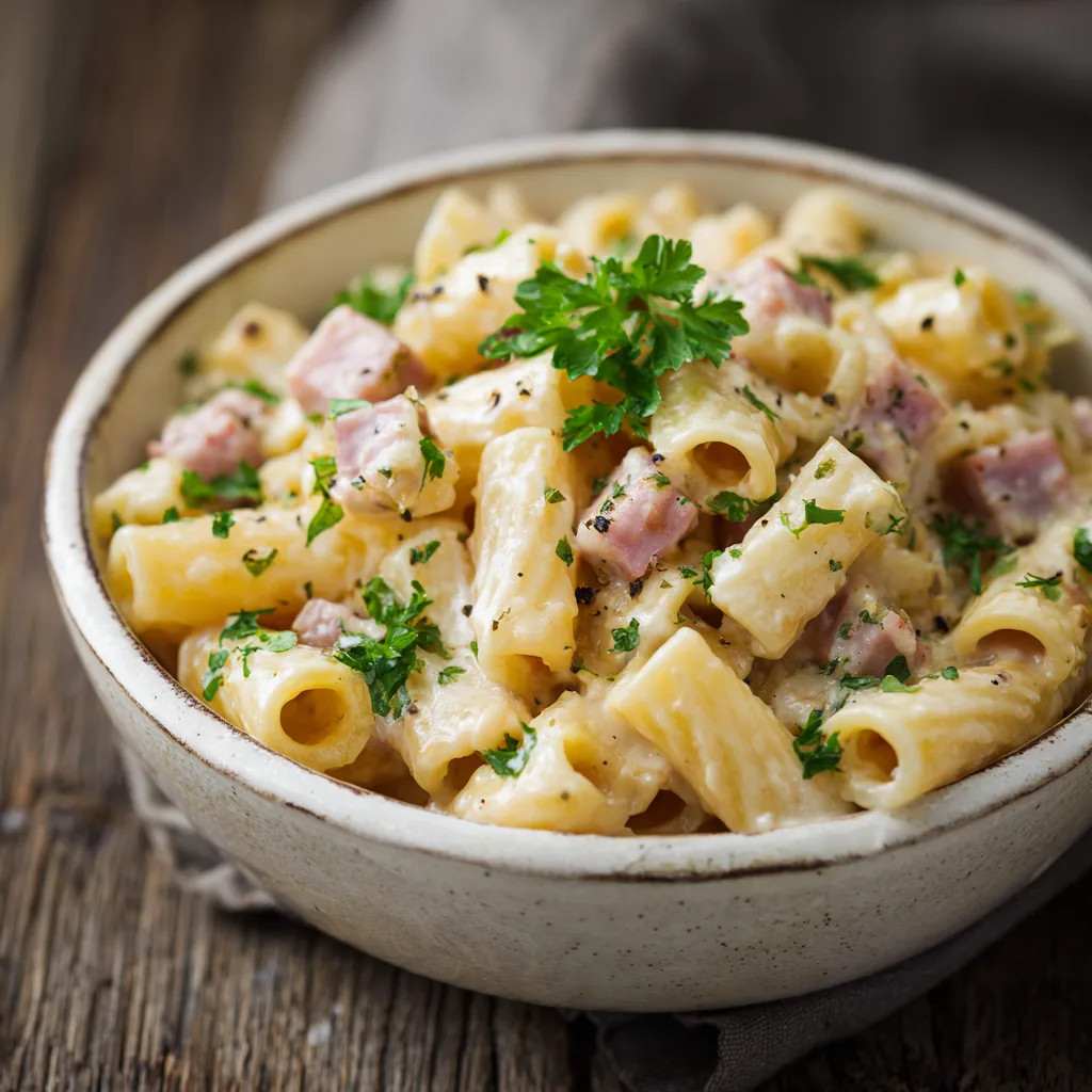 Käse Schinken Makkaroni cremig in weißer Schüssel mit frischer Petersilie garniert