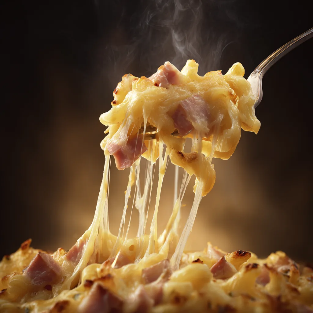 Käse Schinken Makkaroni Nahaufnahme mit schmelzendem Käse auf Gabel