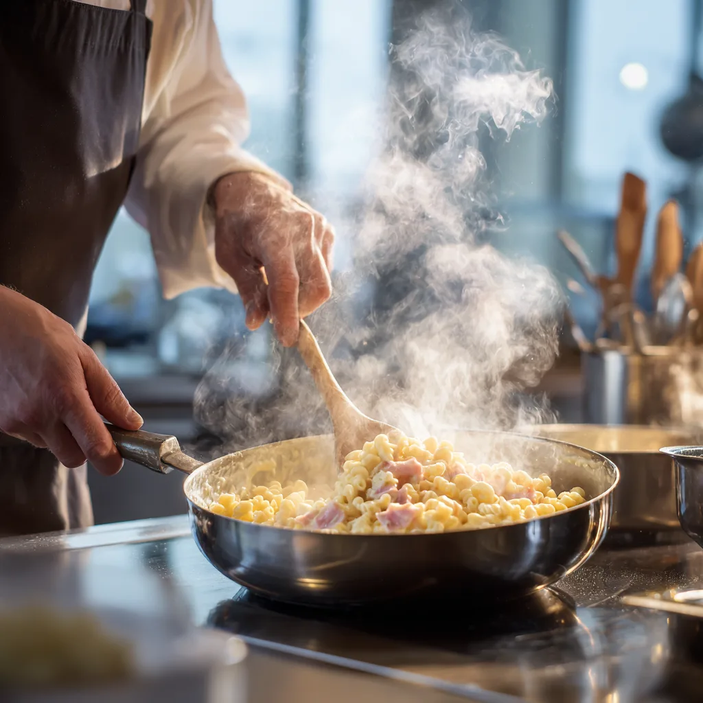 Käse Schinken Makkaroni Zubereitung in Pfanne mit Kochlöffel