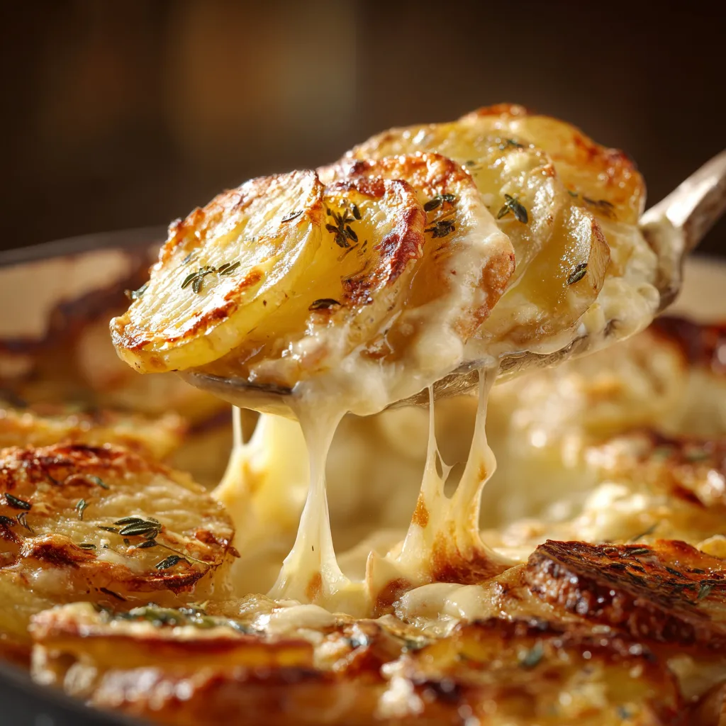 Nahaufnahme Kartoffelgratin – cremige Schichten mit geschmolzenem Käse