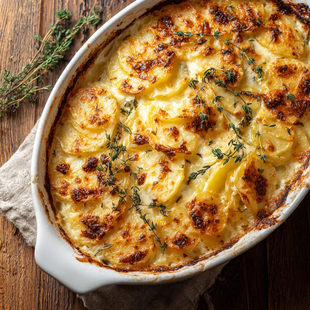Kartoffelgratin in weißer Auflaufform von oben – cremig und goldbraun gebacken