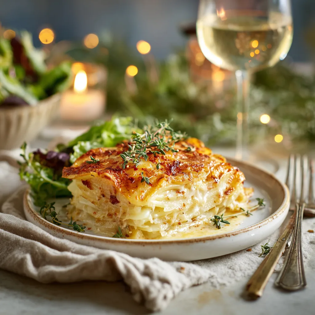 Kartoffelgratin serviert auf weißem Teller mit Weißwein und Beilagen