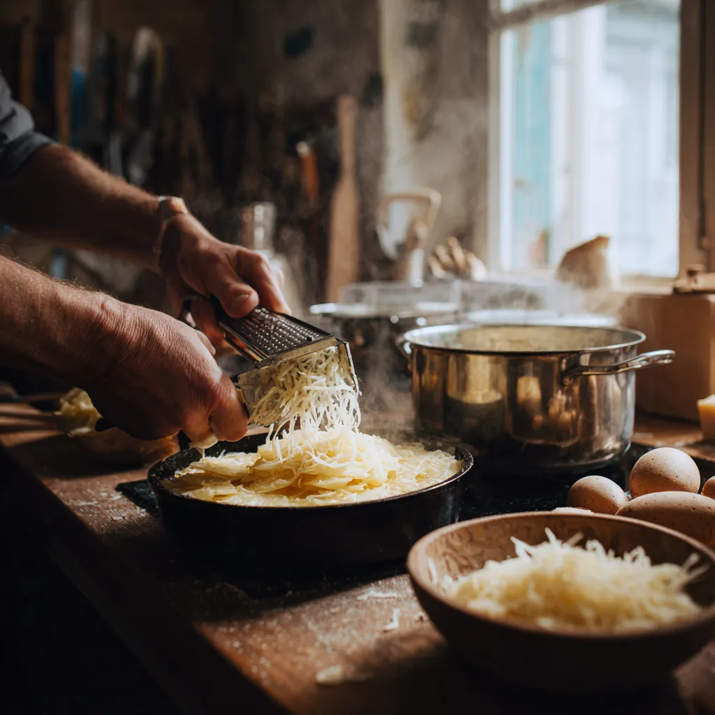 Kartoffelgratin Zubereitung – Kartoffeln hobeln und Sauce vorbereiten