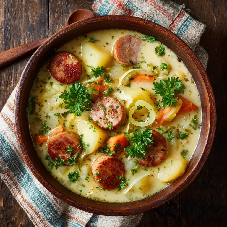 Kartoffelsuppe mit Wiener in rustikaler Schüssel von oben fotografiert mit Petersilie garniert