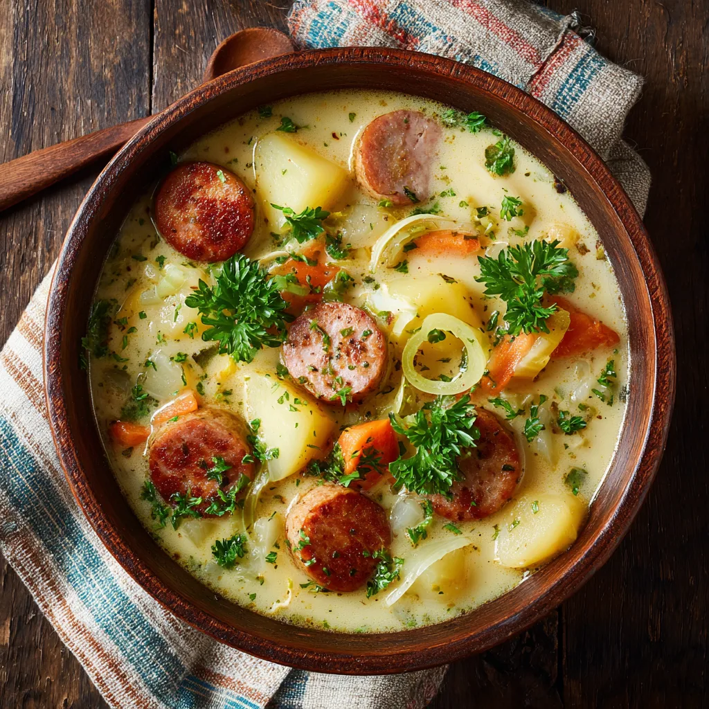 Kartoffelsuppe mit Wiener in rustikaler Schüssel von oben fotografiert mit Petersilie garniert