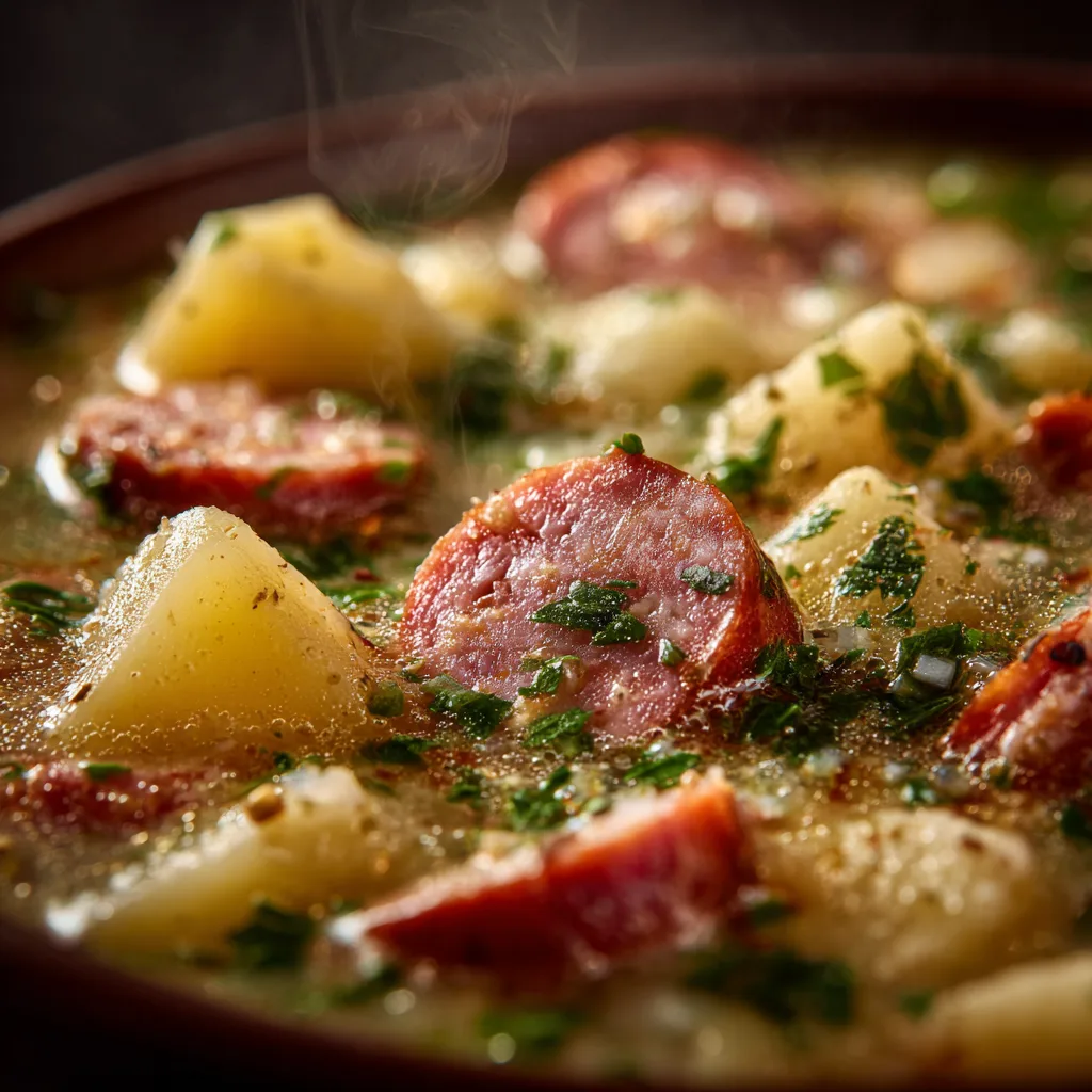 Nahaufnahme Kartoffelsuppe mit Wiener zeigt cremige Textur und Würstchenscheiben