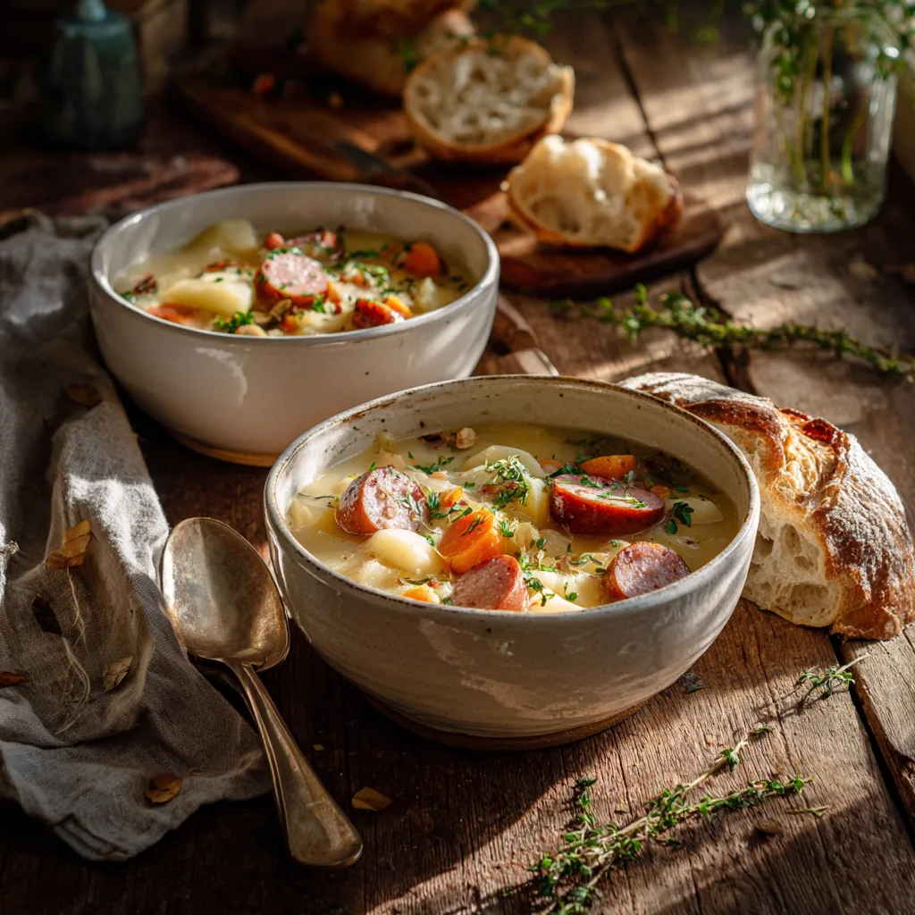 Kartoffelsuppe mit Wiener servierfertig auf gedecktem Tisch mit Brot