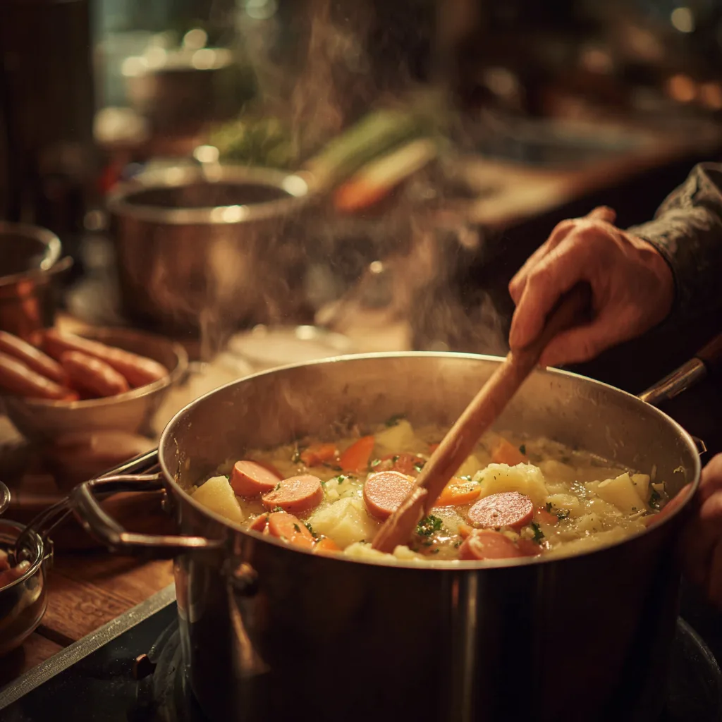 Kartoffelsuppe mit Wiener wird im Topf zubereitet und umgerührt