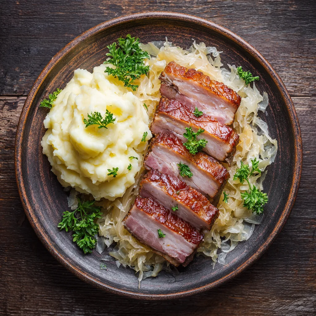 Kasseler mit Sauerkraut auf rustikalem Teller mit Kartoffelpüree serviert