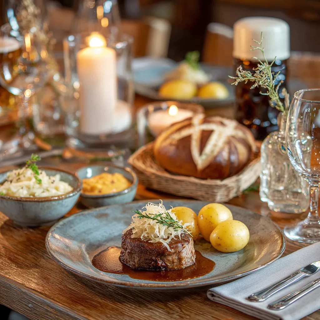Kasseler mit Sauerkraut festlich angerichtet auf gedecktem Tisch