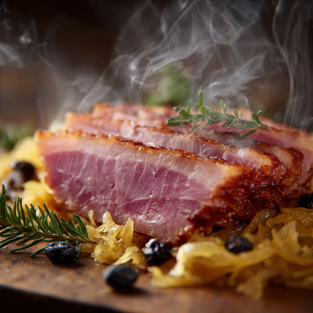 Nahaufnahme von zartem Kasseler mit Sauerkraut und Wacholderbeeren