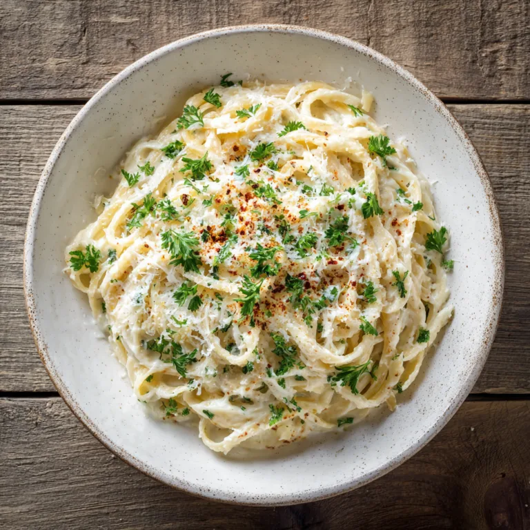 Kohl Alfredo Pasta in einer weißen Schüssel mit Parmesan und Petersilie – Draufsicht