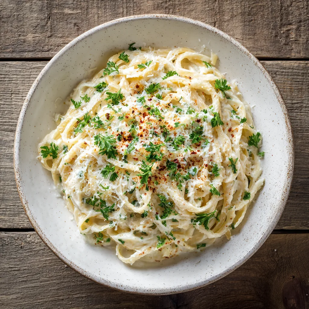 Kohl Alfredo Pasta in einer weißen Schüssel mit Parmesan und Petersilie – Draufsicht