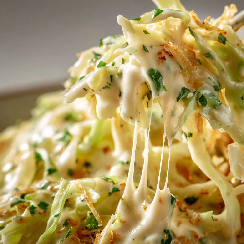 Nahaufnahme der Textur von Kohl Alfredo Pasta mit cremiger Parmesan-Sauce
