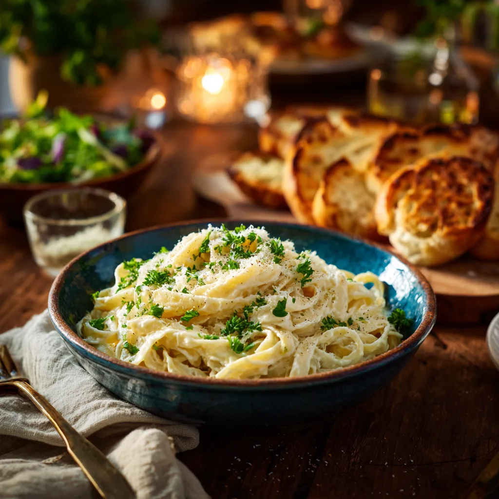 Kohl Alfredo Pasta serviert auf einem gedeckten Tisch mit Knoblauchbrot und Salat