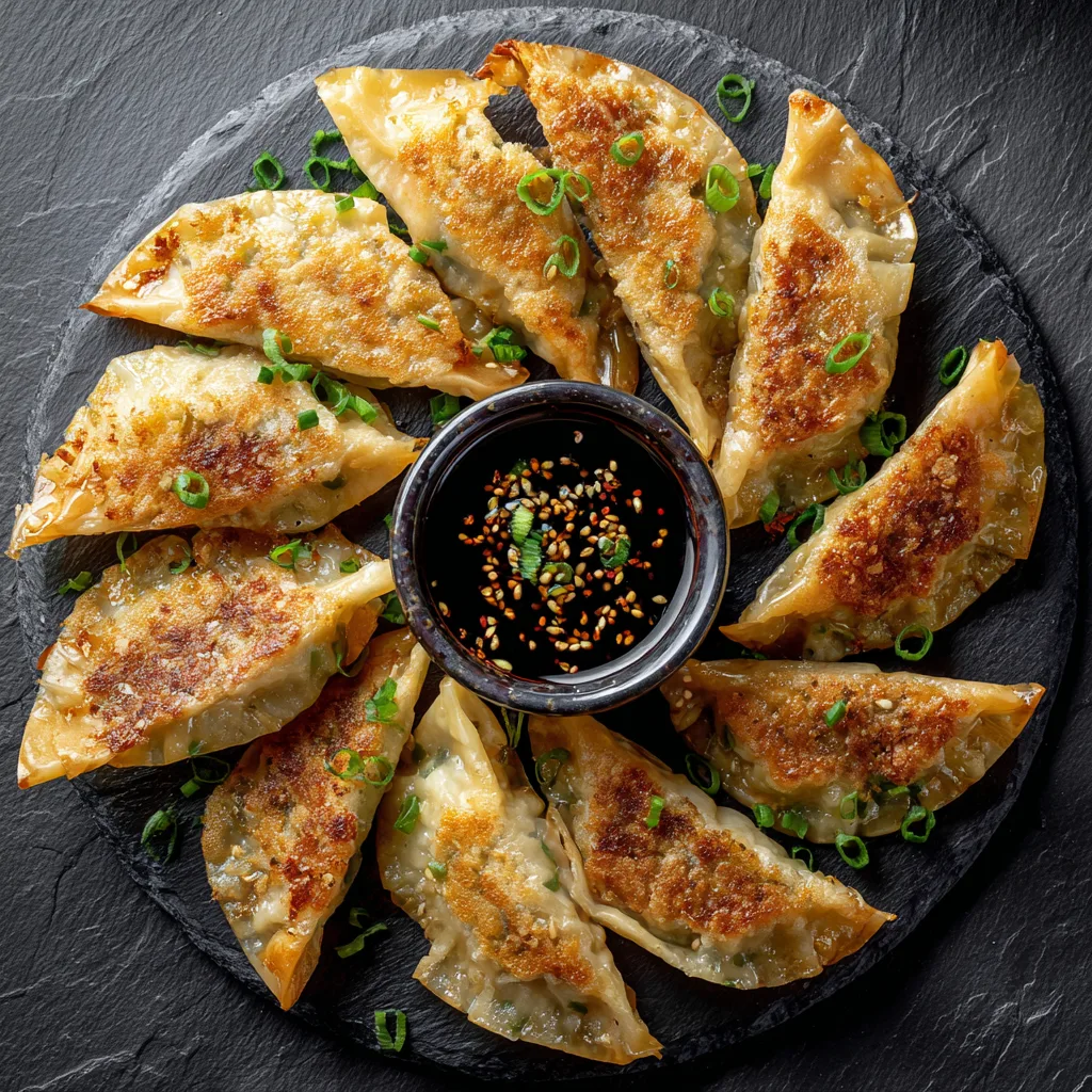 Kohl-Ravioli Asiatisch – knusprige Gyoza Draufsicht mit Dip-Soße