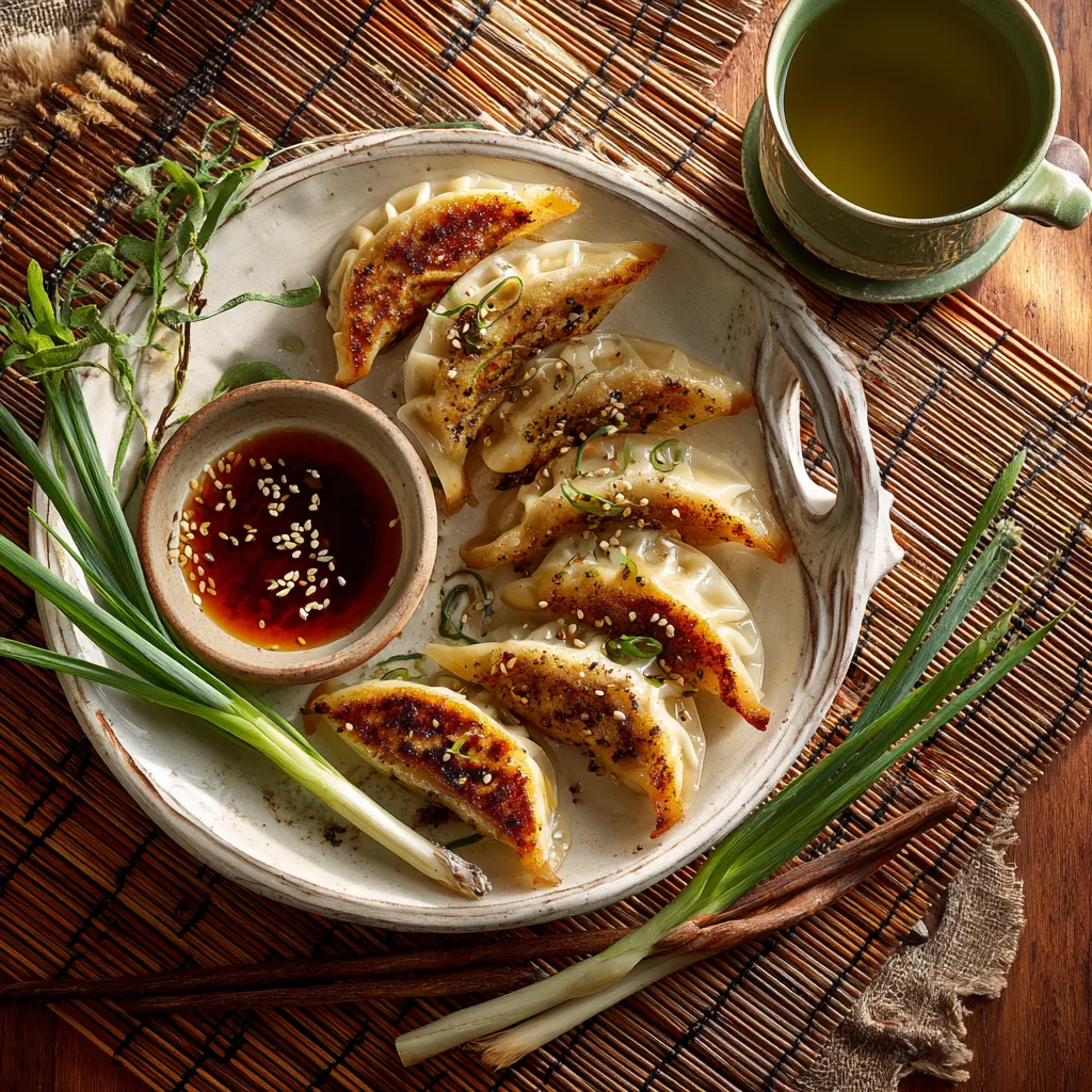 Kohl-Ravioli Asiatisch serviert auf einem gedeckten Tisch mit Beilagen