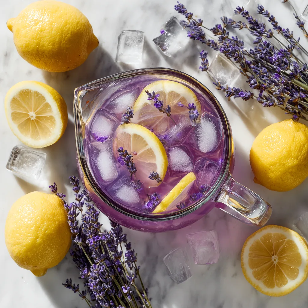 Lavendel-Zitronen-Limonade in Glaskaraffe mit frischen Lavendelzweigen und Zitronenscheiben von oben