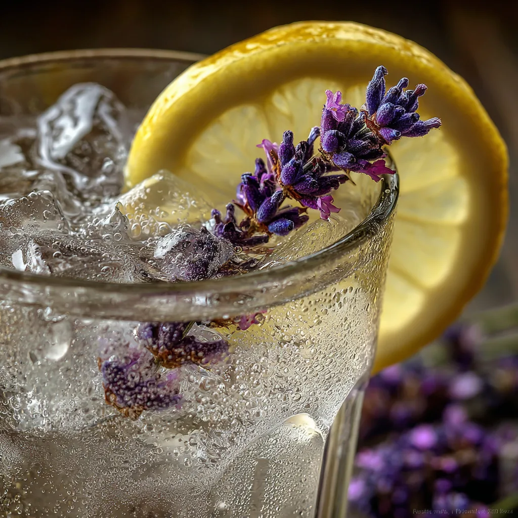 Nahaufnahme Glas Lavendel-Zitronen-Limonade mit Eiswürfeln und Lavendel-Garnierung