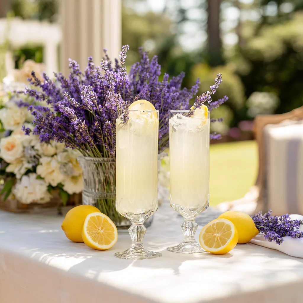 Servierte Lavendel-Zitronen-Limonade in eleganten Gläsern auf Gartentisch