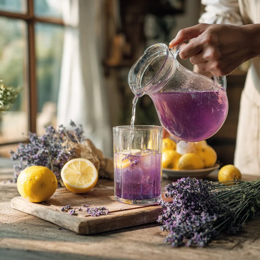 Lavendel-Zitronen-Limonade Zubereitung mit Lavendelsirup und frischen Zitronen