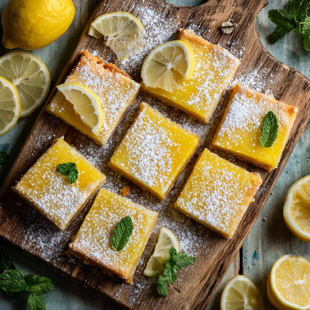 Lemon Bars Rezept deutsch – Zitronenschnitten mit Puderzucker auf Holzbrett von oben