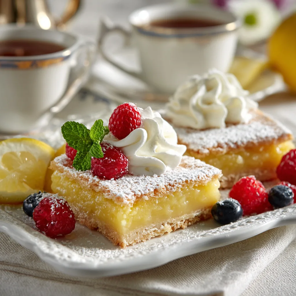 Lemon Bars servieren – elegante Präsentation mit Sahne und Beeren