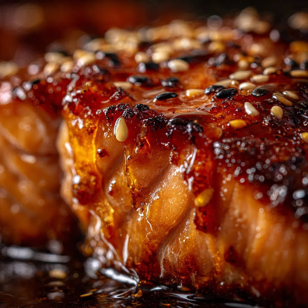 Nahaufnahme von mariniertem Lachs mit Honig-Soja zeigt saftige Textur und glänzende Glasur