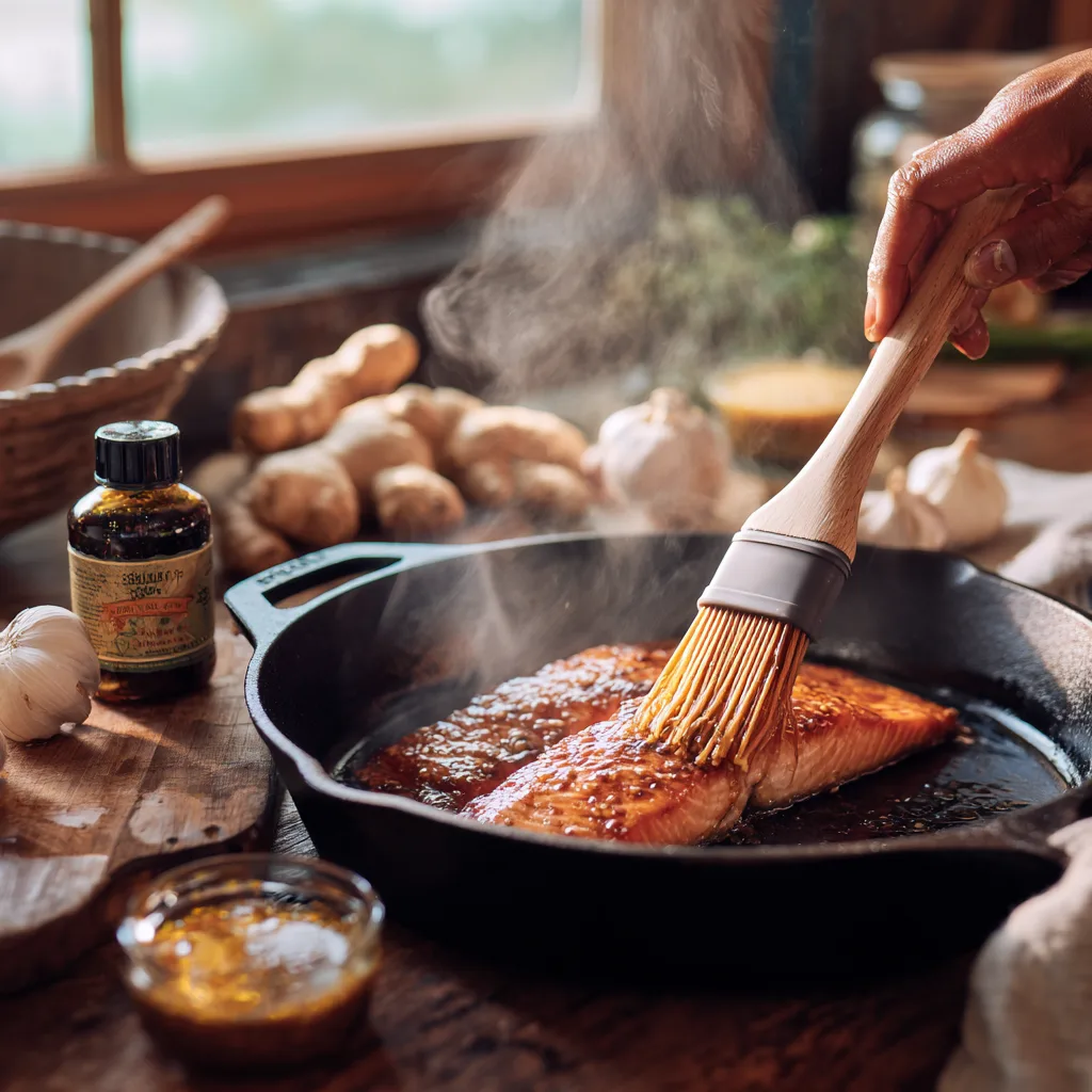 Marinierter Lachs mit Honig-Soja wird in der Pfanne mit Glasur bestrichen