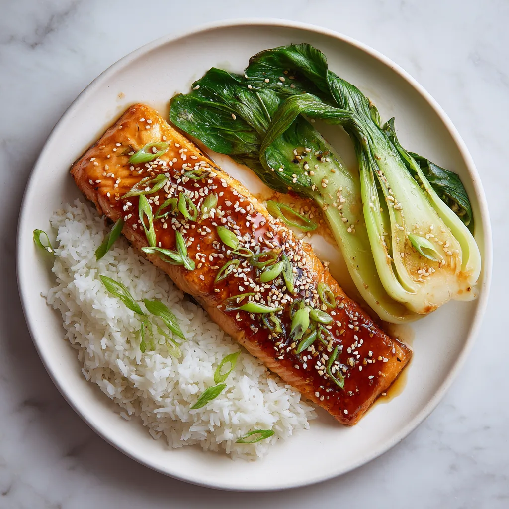 Marinierter Lachs mit Honig-Soja auf weißem Teller von oben fotografiert mit Sesamkörnern und Reis