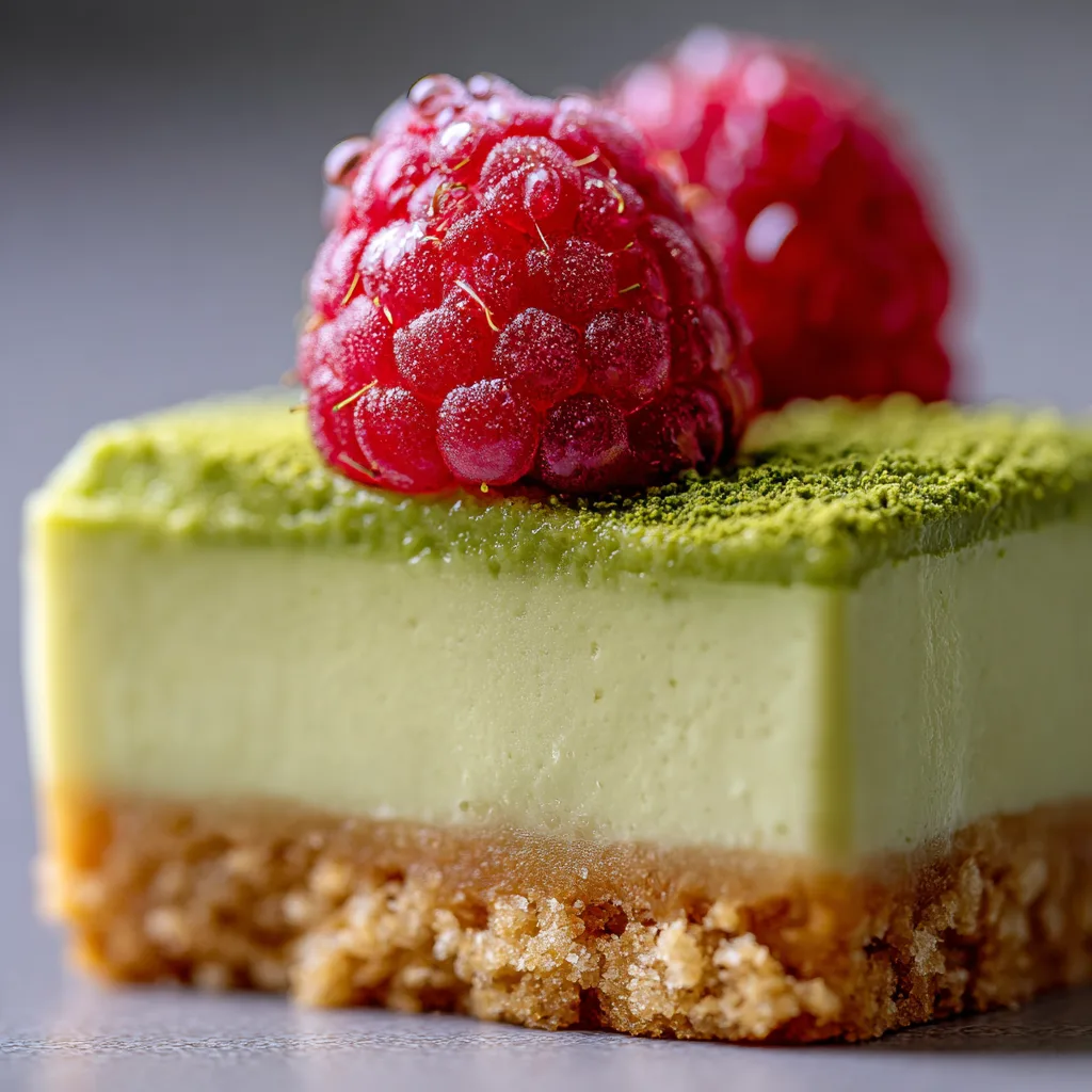 Angeschnittener Mini-Matcha-Cheesecake zeigt cremige grüne Füllung und Keksboden