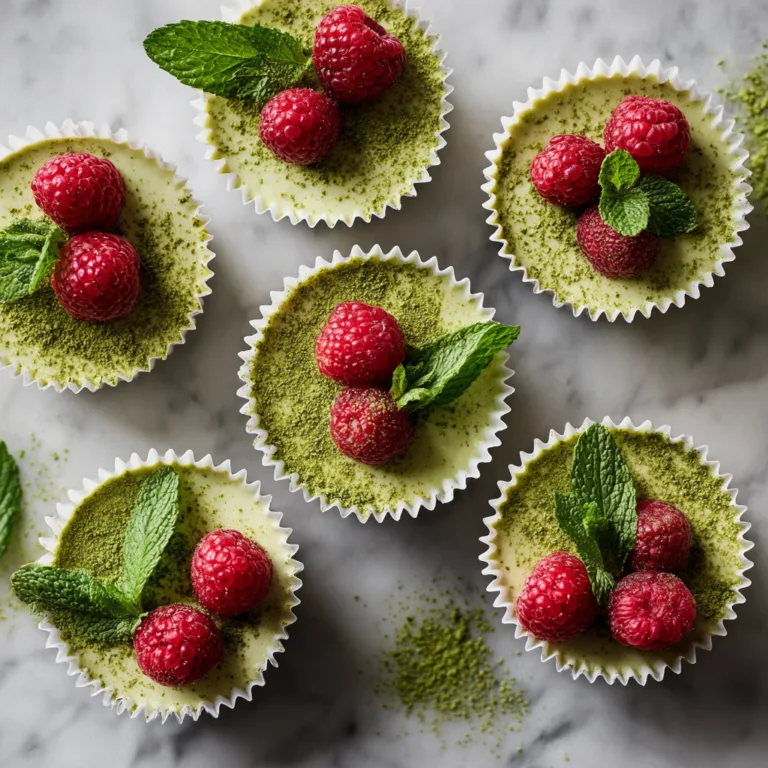 Mini-Matcha-Cheesecakes ohne Backen von oben mit frischen Beeren und Minze dekoriert