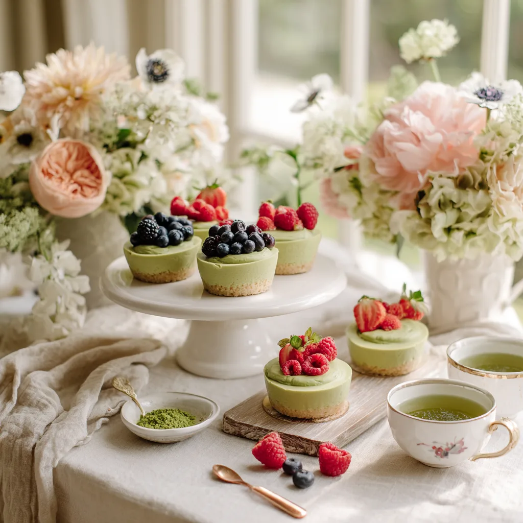 Elegant servierte Mini-Matcha-Cheesecakes auf Etagere mit Tee und Blumendeko