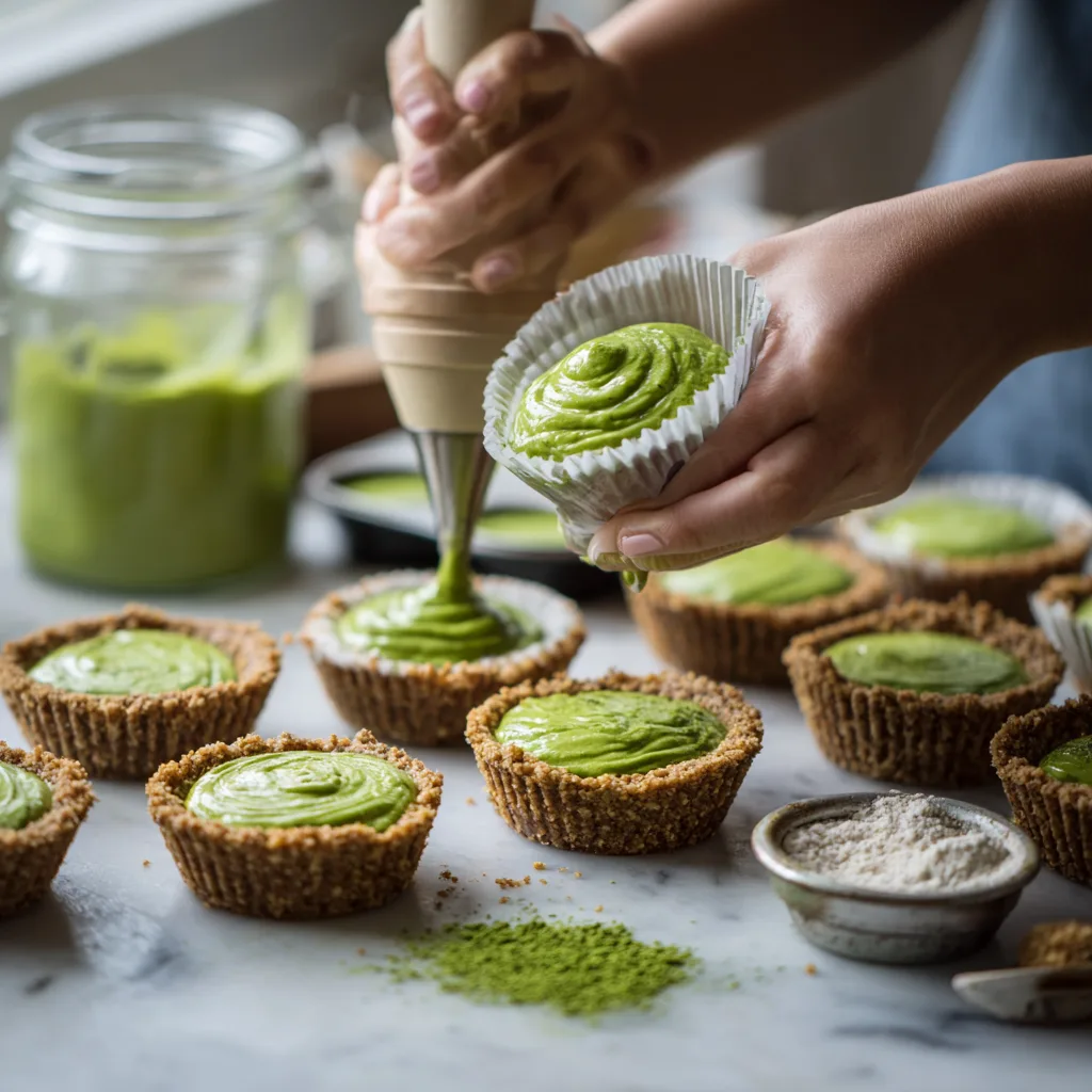 Mini-Matcha-Cheesecakes werden mit Spritzbeutel in Muffinförmchen gefüllt