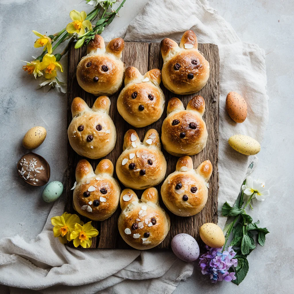 Mini-Osterhasen aus Hefeteig auf rustikalem Holzbrett mit Ostereiern und frischen Blumen arrangiert