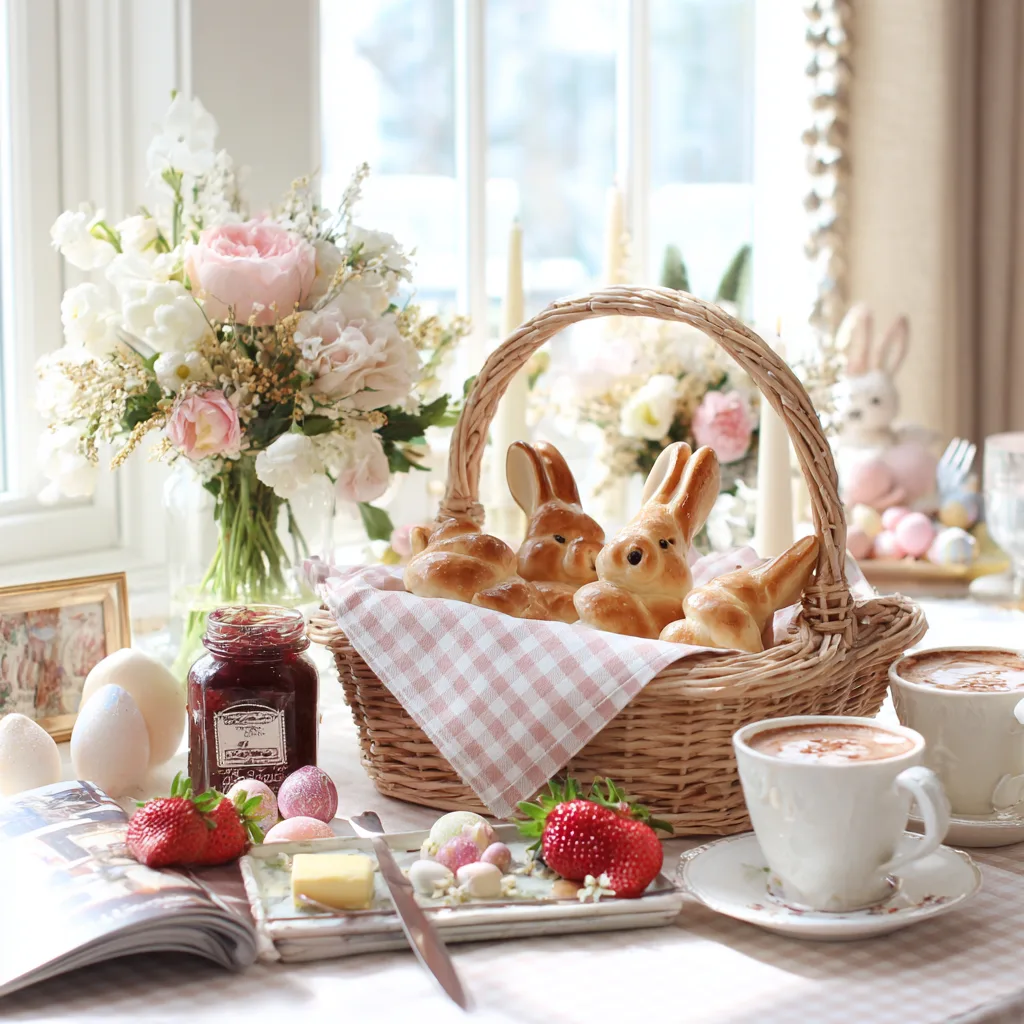 Mini-Osterhasen aus Hefeteig im Weidenkorb serviert zum Osterbrunch mit Marmelade